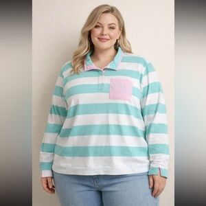 Crown & Ivy Rugby Sweatshirt Womens 3X Mint Ivory Pink NWT